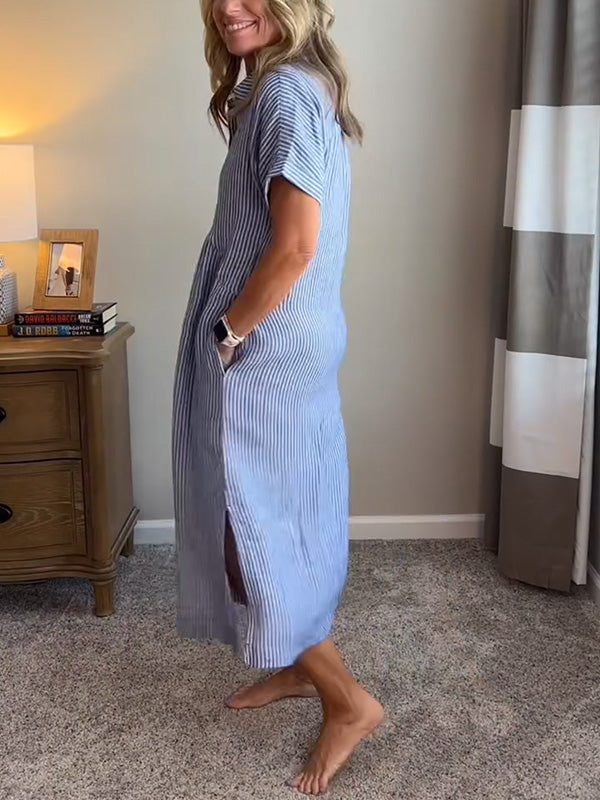 Fjordeleganse| Striped Lapel Button Down Shirt Dress