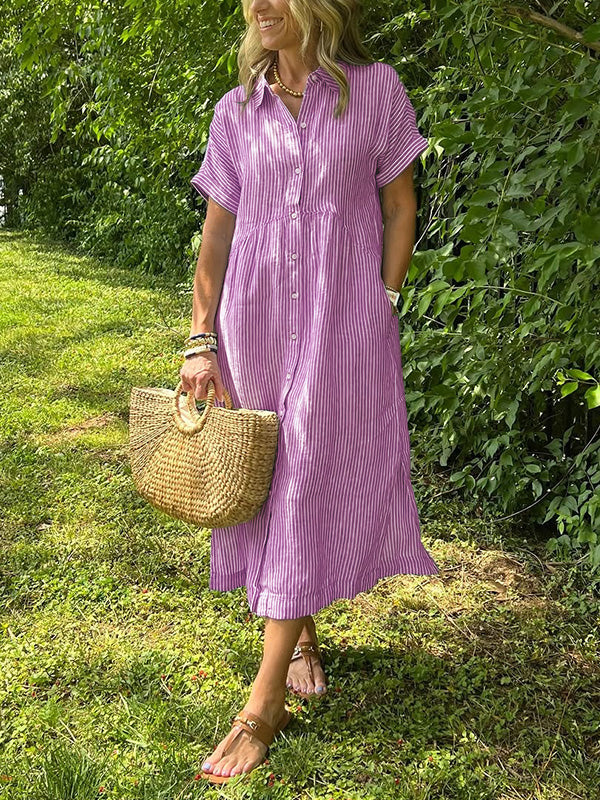 Fjordeleganse| Striped Lapel Button Down Shirt Dress