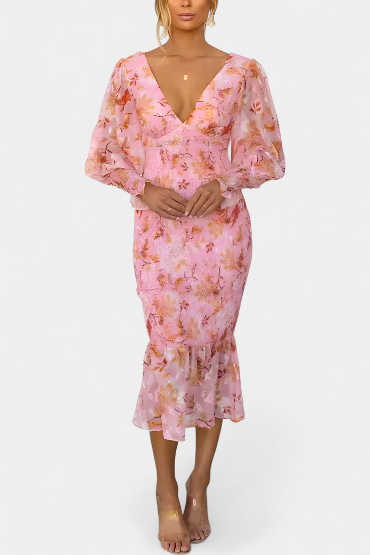 Henny | Blomsterkjole med Rynket Midje og Lange Ermer