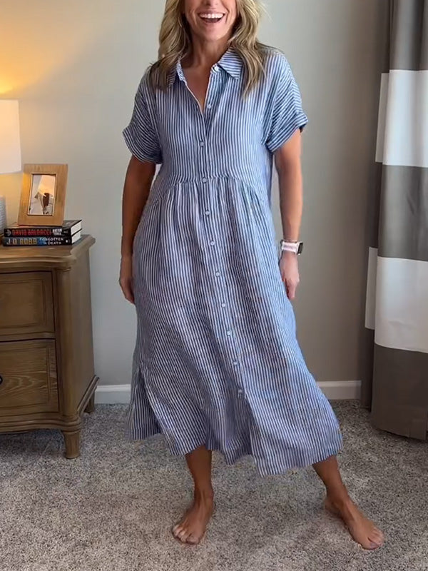 Fjordeleganse| Striped Lapel Button Down Shirt Dress