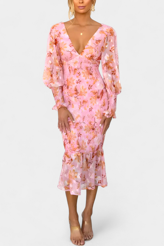 Henny | Blomsterkjole med Rynket Midje og Lange Ermer