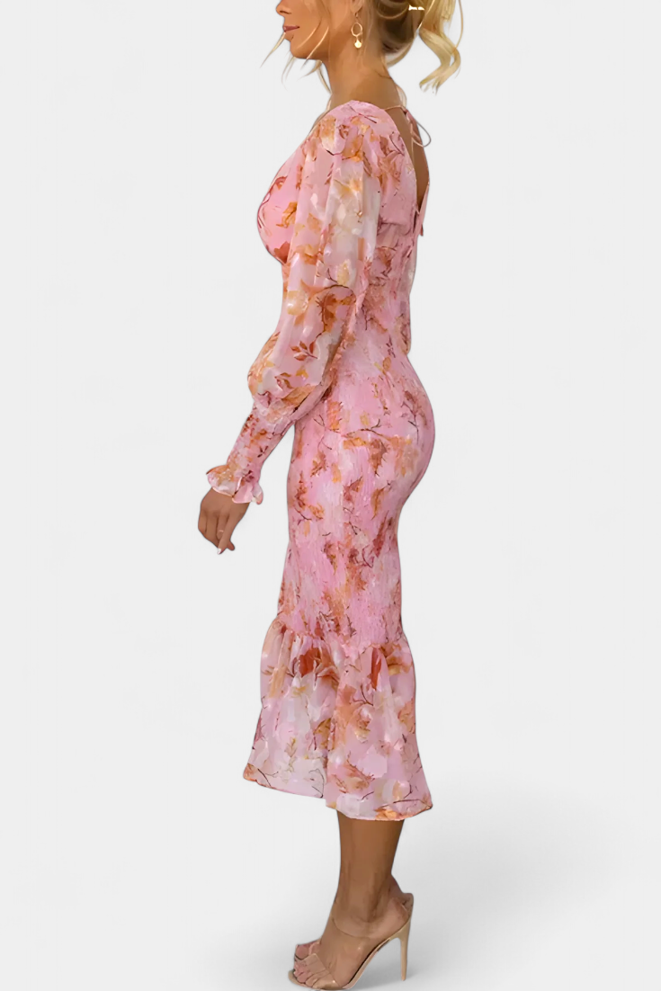 Henny | Blomsterkjole med Rynket Midje og Lange Ermer