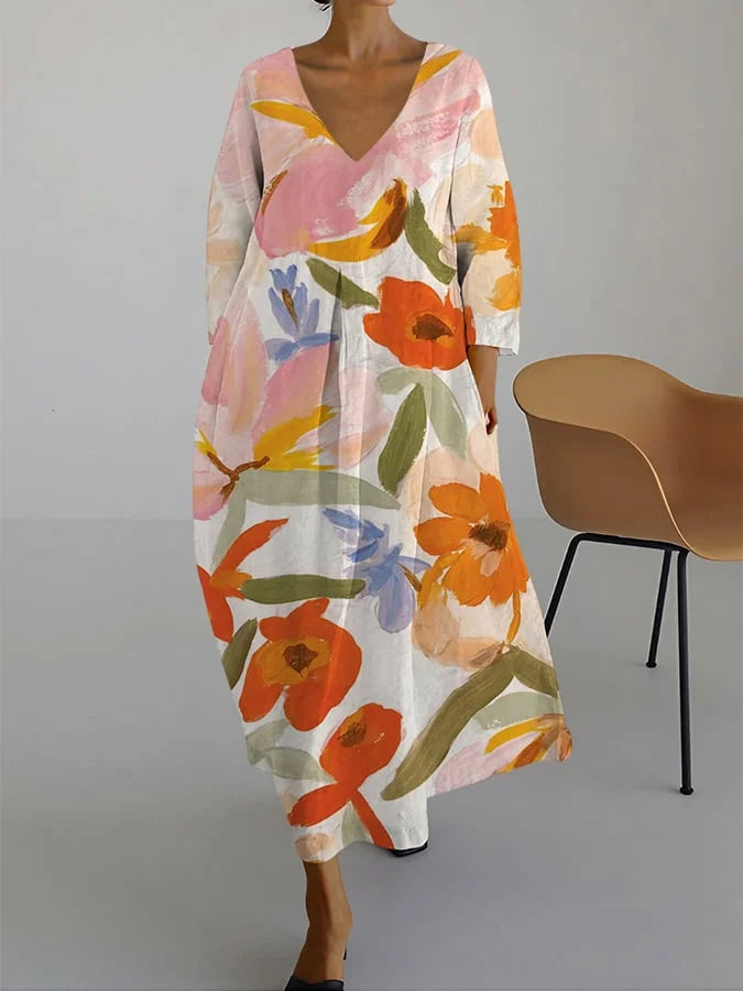 VIBEKE™  | BLOMSTERPRINT V-UUTSKJÆRING KJOLE