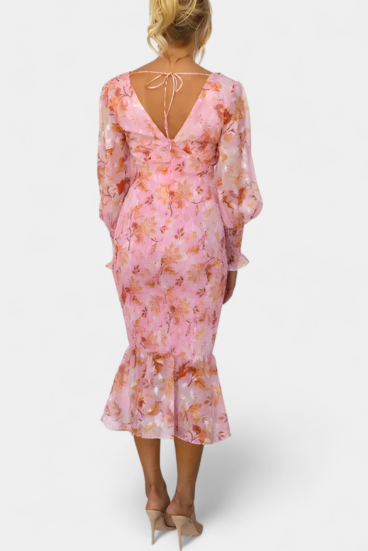 Henny | Blomsterkjole med Rynket Midje og Lange Ermer