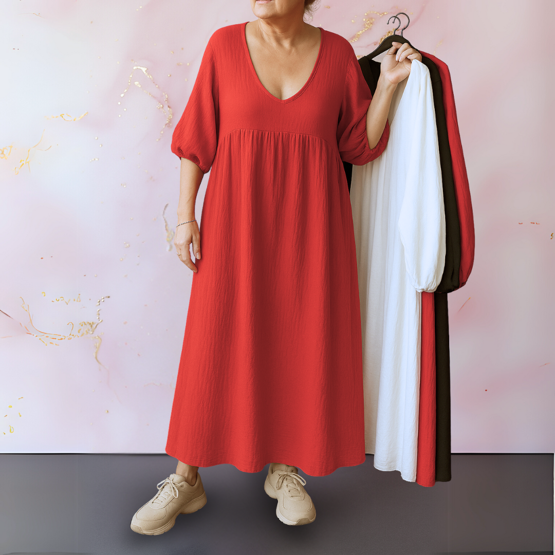 Anita™ | Ensfarget kjole med V-hals