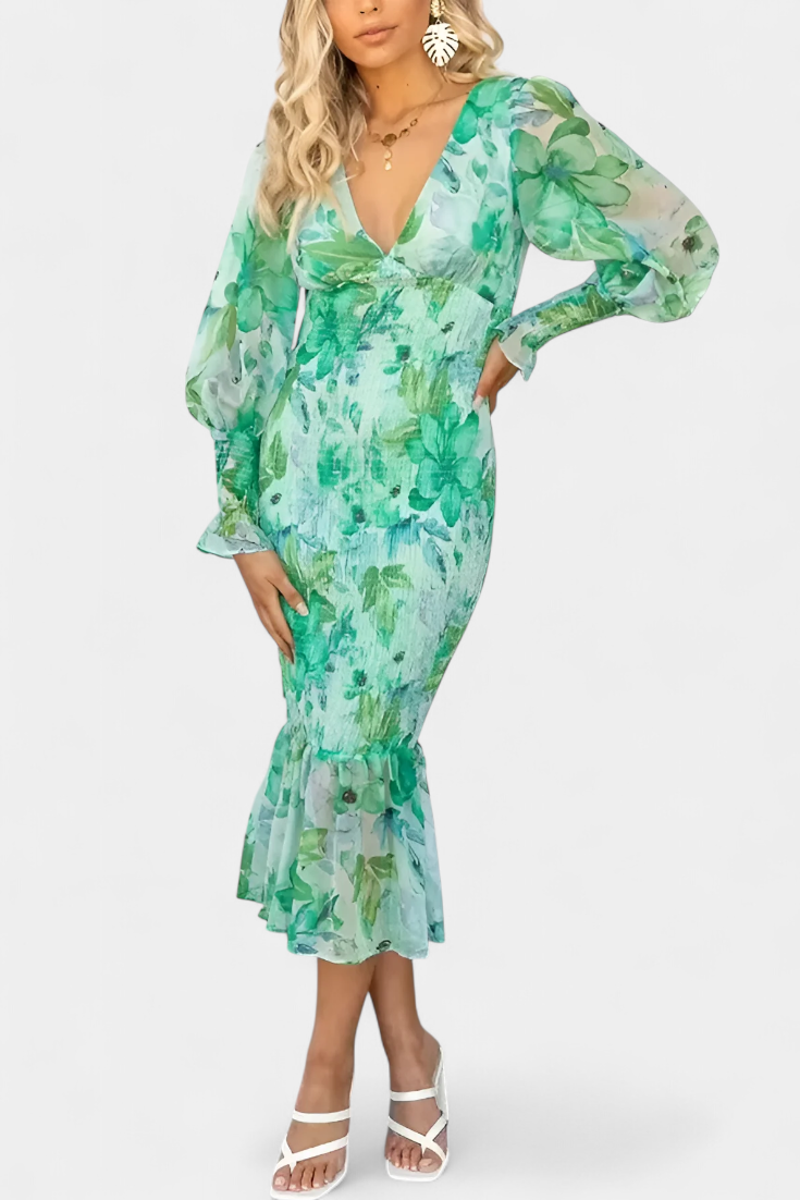 Henny | Blomsterkjole med Rynket Midje og Lange Ermer