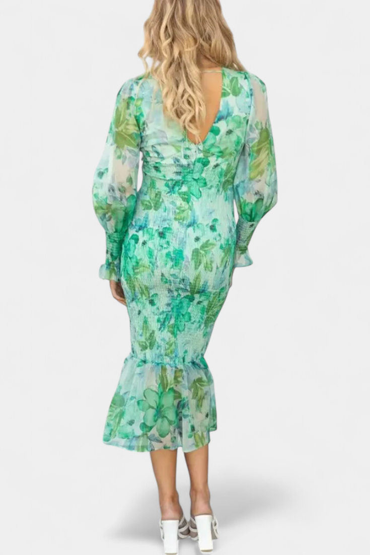 Henny | Blomsterkjole med Rynket Midje og Lange Ermer