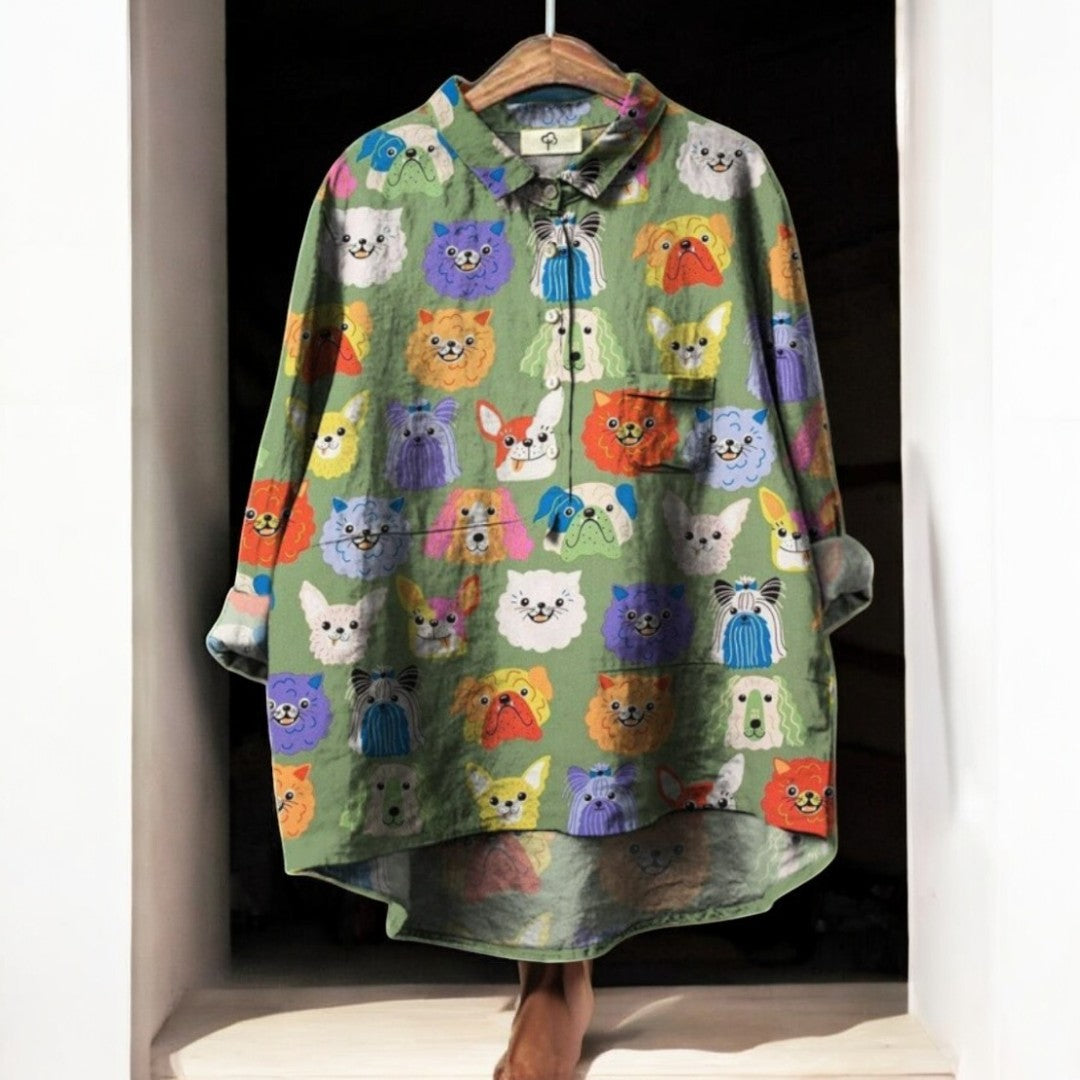 Hilde™ | Elegant Damebluse med Lekent Hundemønster