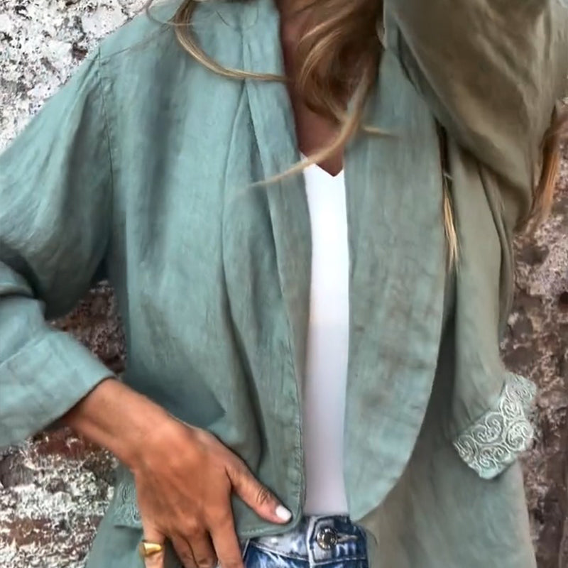 FjordEleganse| Blazer med Åpen Front i Bomull og Lin for Kvinner