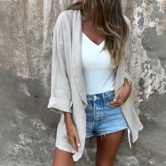 FjordEleganse| Blazer med Åpen Front i Bomull og Lin for Kvinner