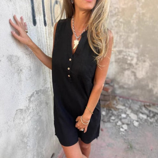 Ermeløs V-hals kjole med knapper og lommer for kvinner