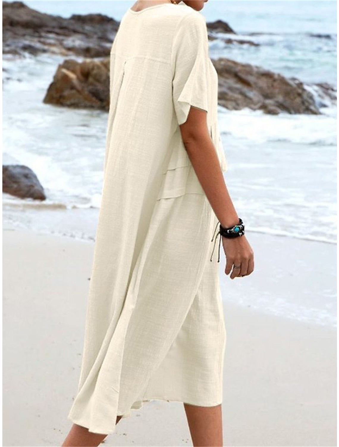 💃Midikjole i bomullslin med rund hals for kvinner